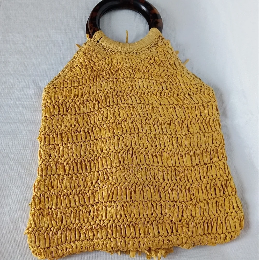 Anthropologie Rosalia Yellow Raffia Tote Clutch Acrylic/Tortoise Shell Handles